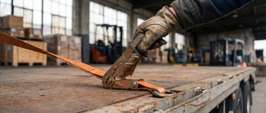 Worker securing cargo with ratchet strap on flatbed trailer