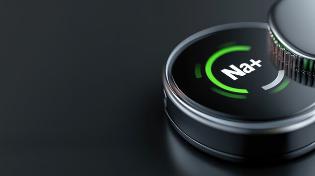 Sodium ion - Na plus - symbol glowing on a high tech circuit board, representing next generation sodium battery research, sustainable energy storage and clean power innovation