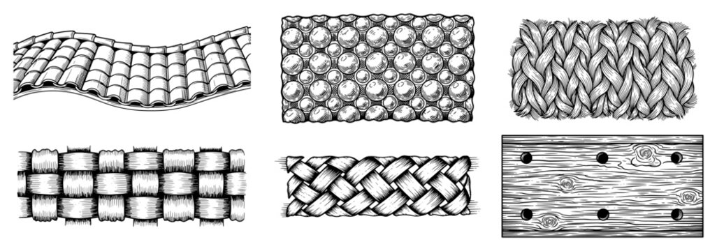 Collection of hand drawn industrial and natural textures including tiles bubble wrap and braided patterns