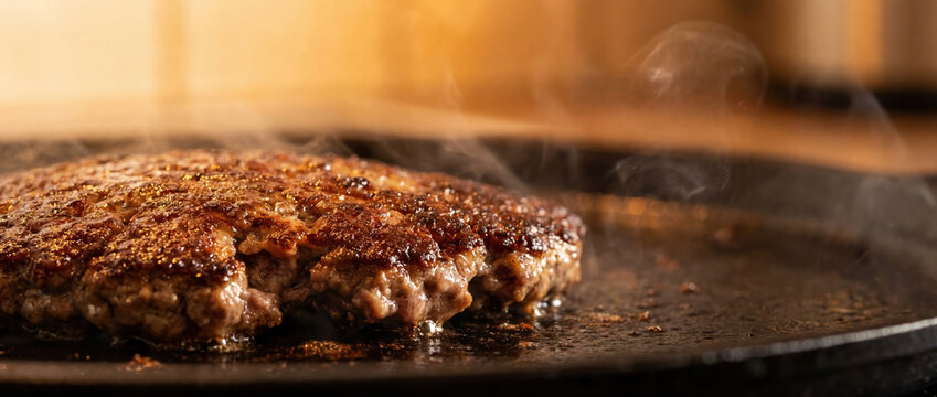 Beef burger patty frying on a hot grill