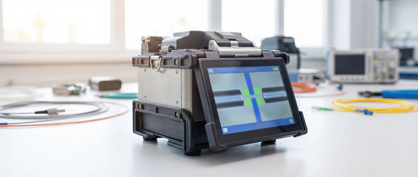 Fiber optic fusion splicer working on telecommunications network