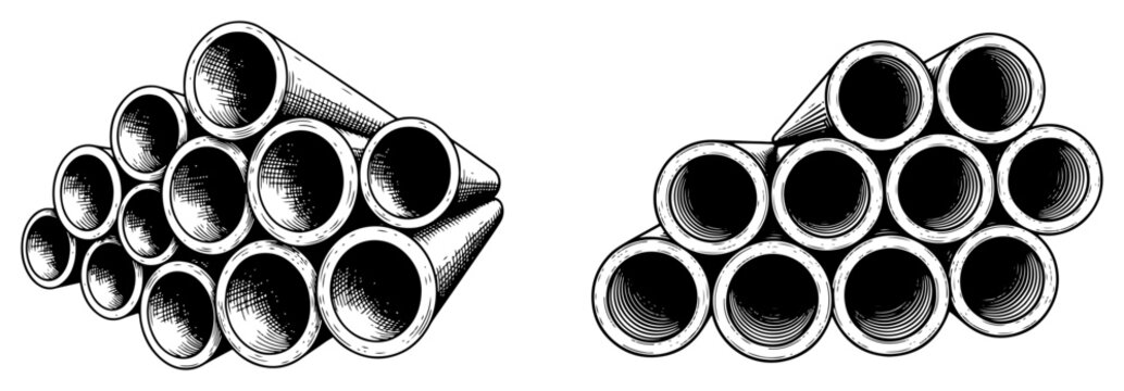 Hand drawn engraving style vector of stacked metal pipes and industrial tubes
