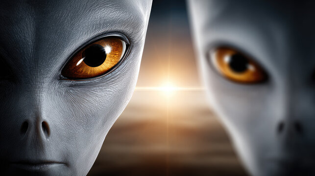 Group of friendly extraterrestrial beings seeing something with large black eyes, contemplating human existence and searching for universal knowledge, celebrating UFO day event