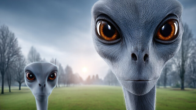 UFO Day .Close up portrait of a grey alien with large dark eyes staring forward, symbolizing an extraterrestrial encounter and the arrival of unknown life forms from space