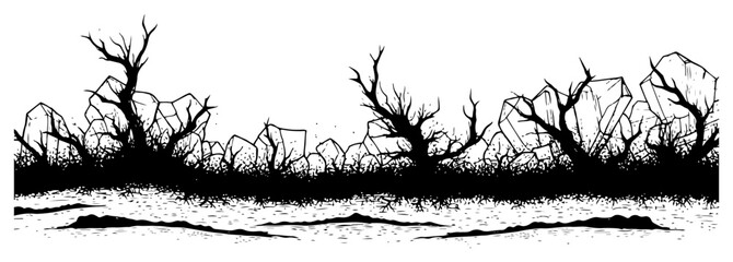 Stark black and white silhouette of dead bushes and jagged rocks horizontal border