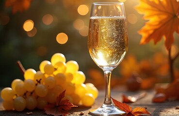 Fototapeta premium Glass of bubbly white wine next to ripe grapes. Warm autumn leaves and soft bokeh lights create a festive holiday atmosphere. Perfect for harvest celebrations and seasonal parties.