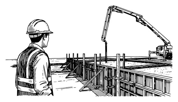 Hand drawn vector illustration of a construction worker supervising a concrete pump pouring a foundation