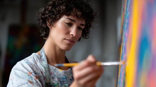 artist at work, a person fervently painting an abstract canvas in a sunlit studio, with a focused yet relaxed expression amidst paint splatters