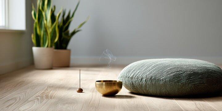 minimalist meditation space, a serene, minimalist meditation nook features a sage green zabuton cushion, brass singing bowl, and snake plant peaceful lighting