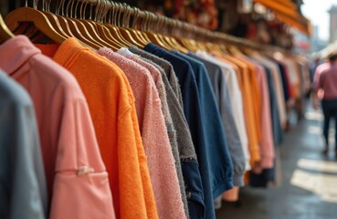 Obraz premium Clothes racks with various colorful garments hang outdoors. A retail street market offers casual wear for women shoppers. Browse trendy tops and accessories.