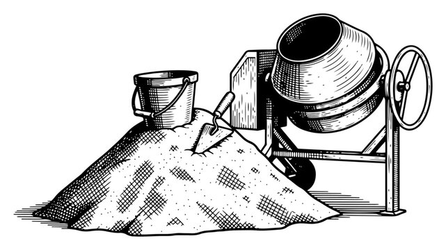 Construction site scene with cement mixer and sand pile
