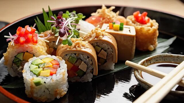 Colorful vegan sushi and maki rolls with chopsticks