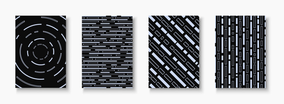 Collection of digital technology striped abstract covers, templates, placards, brochures, banners, flyers, backgrounds. Futuristic posters with motion dash elements