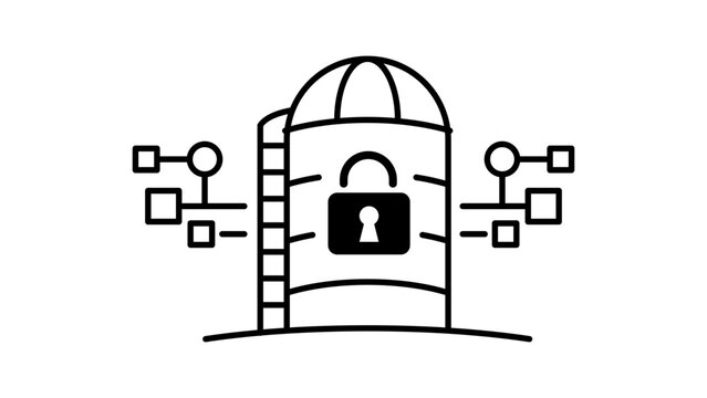 Minimalist black line vector icon of a data silo with a padlock and network nodes, representing data security, information isolation, and storage protection on a clean white background illustration.