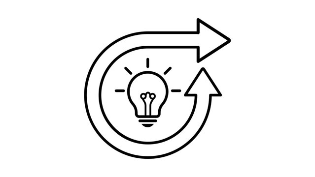 Minimalist black line vector icon of a business pivot on a white background, featuring a light bulb and circular arrow representing strategic change, innovation, and creative problem solving.