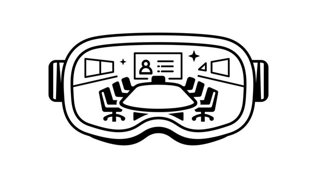 Metaverse Virtual Reality Meeting Vector Icon Illustration: Minimalist Black Line Art Design of a VR Headset Showing a Digital Conference Room with Table and Screen for Remote Business and Tech