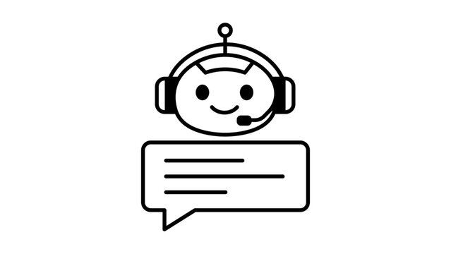 Automated customer service chatbot vector icon illustration featuring a minimalist black line robot head with a headset and speech bubble on a white background for AI support and technology.