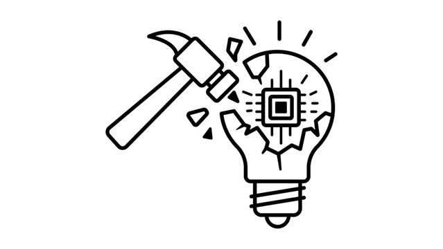 Disruptive Innovation Vector Icon: A minimalist black line illustration of a hammer breaking a lightbulb to reveal a microchip, symbolizing technological advancement, creative destruction, and AI.