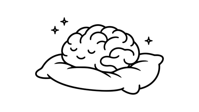 Minimalist black line vector icon of a brain with a peaceful face sleeping on a soft pillow, representing mental health awareness, rest, and well-being, isolated on white background illustration.