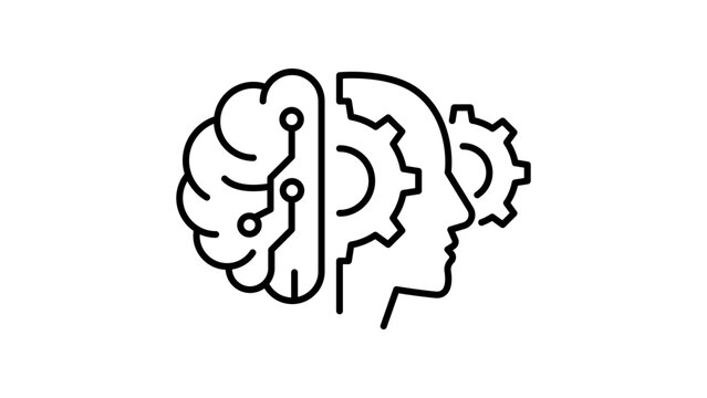 AI Integration minimalist black line vector icon on white background representing artificial intelligence, machine learning, human brain, and mechanical gears for technology and automation.