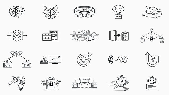 20 Minimalist Black Line Vector Icon Set Bundle: Business and Tech Concepts including AI Integration, Metaverse, Agile Sprint, IoT, Data Security, Innovation, Growth, and Change Management.