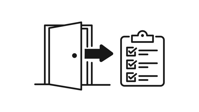 Employee offboarding minimalist black line vector icon illustration featuring an open door with an exit arrow pointing to a checklist clipboard, ideal for HR business process and exit procedures.