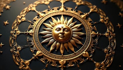 Obraz premium Intricate gold sun mandala ornament on black background. Celestial art piece with symbolic sun face, sun rays, stars. Decorative cosmic pattern for spiritual or mystical themes.