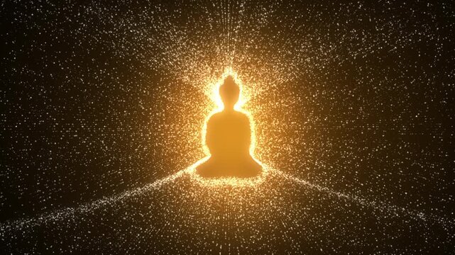 Golden Buddha Silhouette Surrounded by Radiant Particles Symbolizing Meditation, Enlightenment and Spiritual Aura