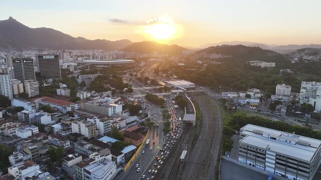 Sunset Maracana Stadium In Rio De Janeiro In Brazil. Freeway Road. Downtown Cityscape. Soccer Stadium. Maracana Stadium In Rio De Janeiro In Brazil. Beautiful Sunset Skyline. 