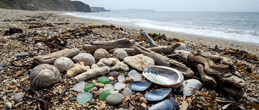 Sea glass treasures and smooth stones scattered on pebble beach with driftwood and seaweed, perfect for coastal decor and natural crafting projects.