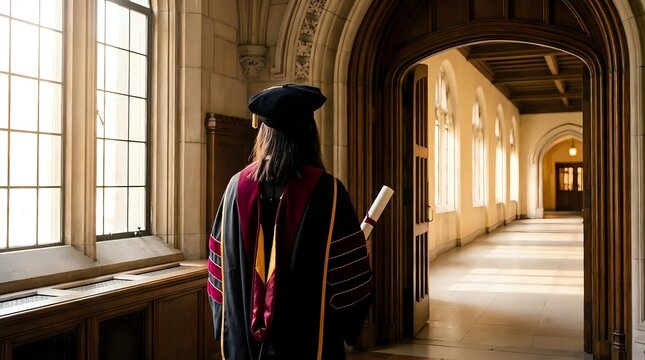 Graduate in academic regalia holding diploma stands in historic university corridor with gothic arched windows and warm sunlight streaming through ornate architecture.