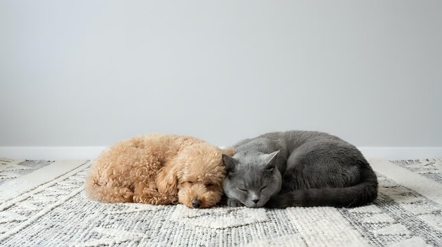 Two adorable puppies sleeping peacefully together on cozy rug, golden curly poodle and gray fluffy breed resting side by side in comfortable home setting.