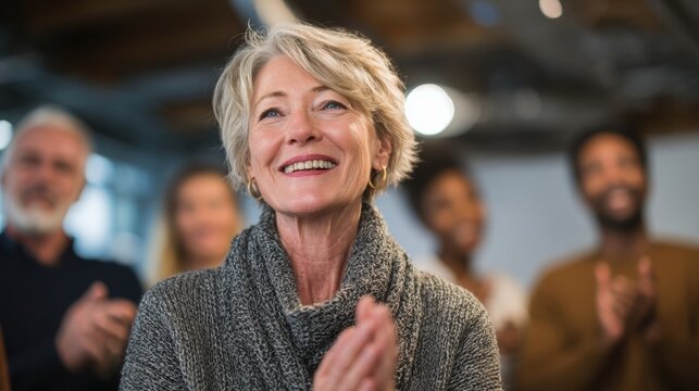 Team Celebrates Retirement of an Experienced Professional Woman in Her Fifties During a Warm Workplace Gathering