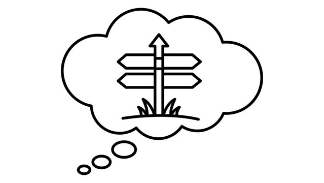 Scenario Planning Vector Icon: A minimalist black line illustration of a thought bubble with a multi-directional signpost, symbolizing strategic decision-making, future paths, and choice options.