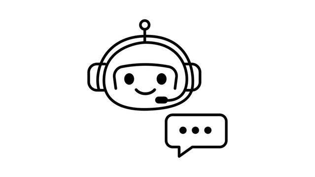 Automated Customer Service Chatbot Vector Icon Illustration. Minimalist black line art design of a robot wearing a headset with a speech bubble, representing AI support on a white background.