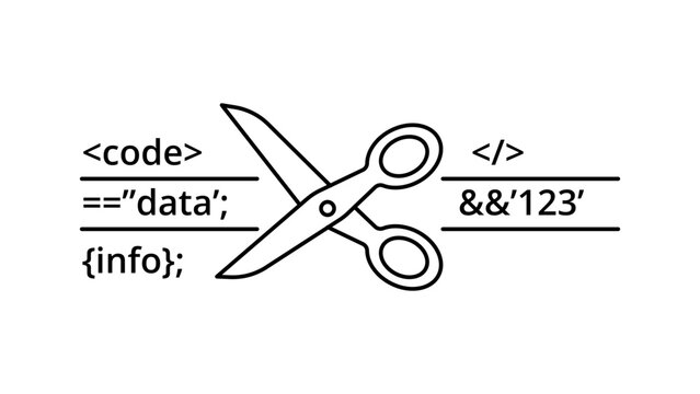 Data Pruning and Code Optimization Vector Icon: A minimalist black line illustration featuring scissors cutting through programming code snippets, symbolizing data cleaning and refactoring.