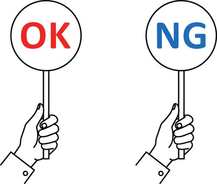 Minimalist hand holding OK and NG signs, line art vector icons, feedback and rating symbols
