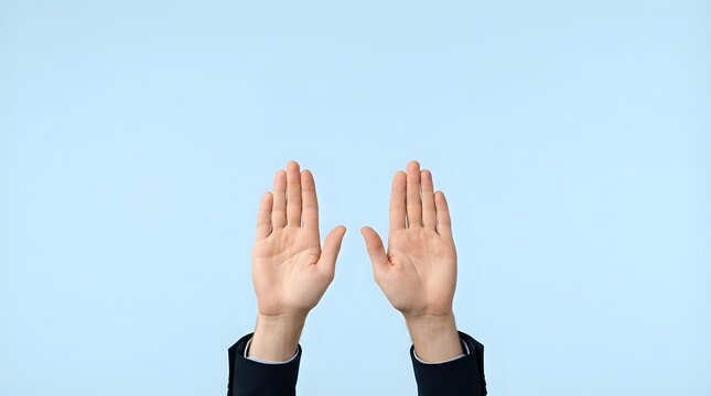 Two hands raised up showing palms in stop gesture against light blue background for business communication and body language concepts.