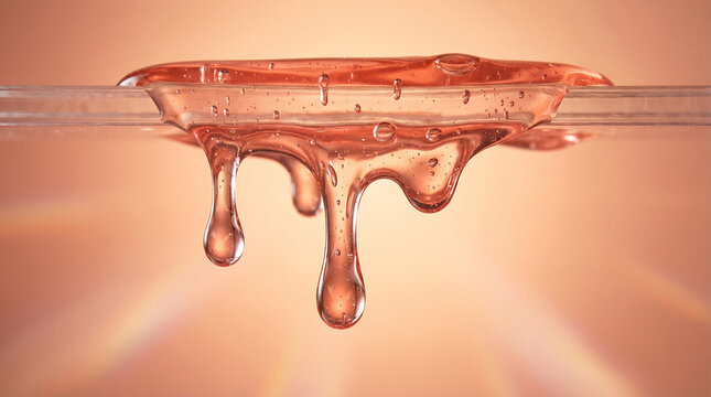 Close-up of viscous, amber-colored liquid dripping from a transparent rod against a soft, warm-toned bokeh background.