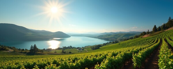 Fototapeta premium Vineyard rows on green hill slope overlooking calm blue lake water and distant mountains. Bright sun shines on rich countryside landscape. Peaceful scenic vista.