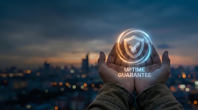 Male hand holding glowing uptime guarantee shield symbol over blurred city skyline at dusk for business reliability and service quality concepts.