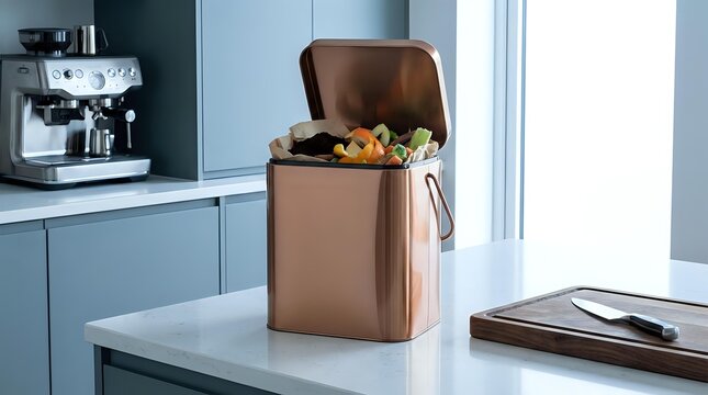 Modern copper kitchen compost bin with organic waste on marble countertop in contemporary home interior for sustainable living and zero waste lifestyle.
