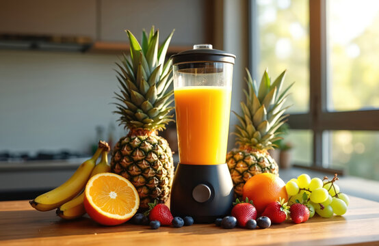 Fresh tropical fruits like pineapples, bananas, oranges, berries surround blender filled with bright orange juice. Scene set on wooden countertop in sunny kitchen, perfect for healthy eating content.