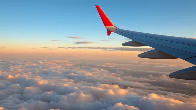 Airplane wing above clouds at sunset