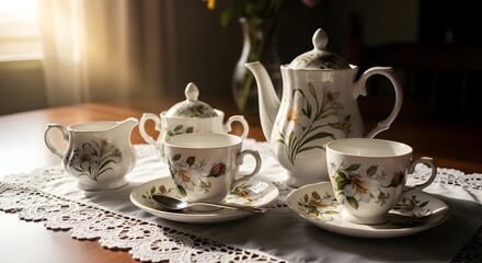 Fototapeta premium A beautifully set table with a floral tea set on a lace tablecloth