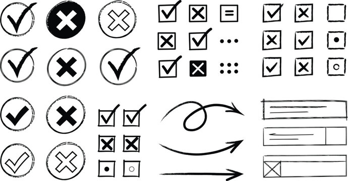 Collection of checkmark and cross icons in various styles and shapes on white background
