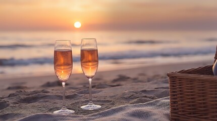 Obraz premium Two champagne glasses filled with sparkling wine on sandy beach at sunset with ocean waves and wicker basket creating romantic seaside celebration scene.