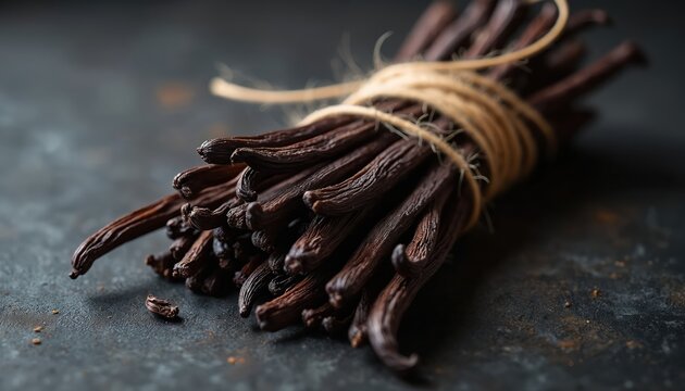 Dark vanilla bean pods tied with coarse twine sit on a dark textured surface. This image is great for recipes, baking, cooking, and highlighting natural flavors.