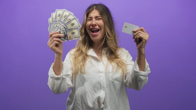 Middle age hispanic woman holding a fan of us dollar bills and displaying a plain creditcard, grinning with animated expression in a purple studio; celebration success.