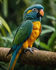 Obraz premium Colorful macaw parrot sitting on branch in tropical forest, exotic bird portrait